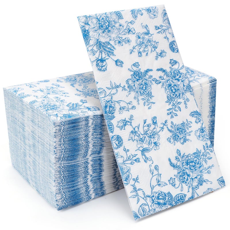 100 Pack Blue Floral Guest Hand Towels Disposable for Bathroom Blue Floral Paper Napkins Decorative Spring Flowers Napkins for Bathroom Toilet Powder Room Holiday Wedding Bridal Shower